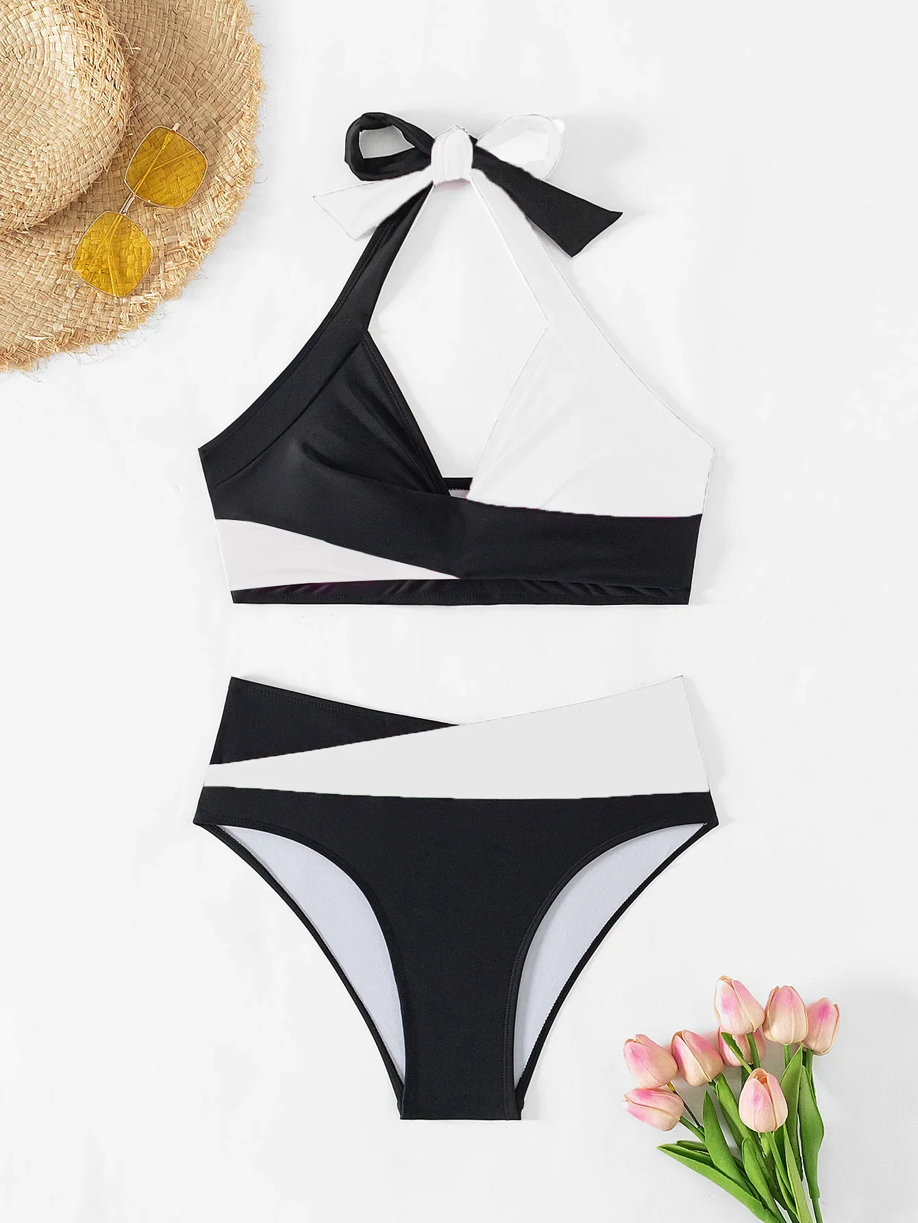 Sexy Black White Patchwork Bikini Set Women Halter Cross Push Up Padded High Waist Swimsuit 2025 Bathing Suit Two Piece Swimwear