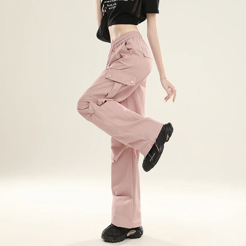 Kstoun estilo americano feminino paraquedista calças retas ao ar livre calças casuais multi-bolsos calças de carga verão moletom plissado