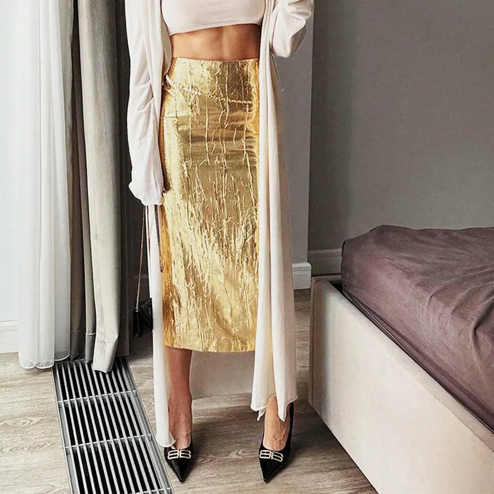 Gold Silver Hip Skirts High Waist Straight Skirts for Women 2024 Elegant Fashion Y2K Casual Simple Midi Skirt Women Clothing