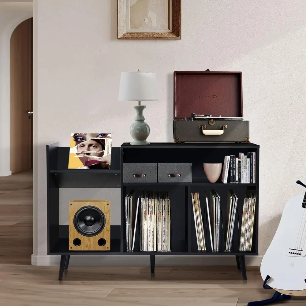 Mid Century Concord Turntable Stand Table Holds Up to 350 Albums, Vinyl Record Storage Cabinet with Wood Legs , Black