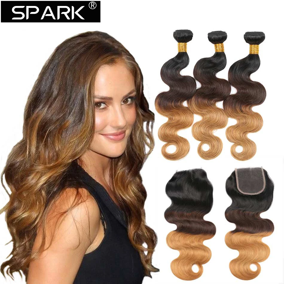 Spark Hair-Peruano Loose Body Wave Pacotes de cabelo humano com fechamento, cabelo remy para mulheres negras, cor marrom ombre