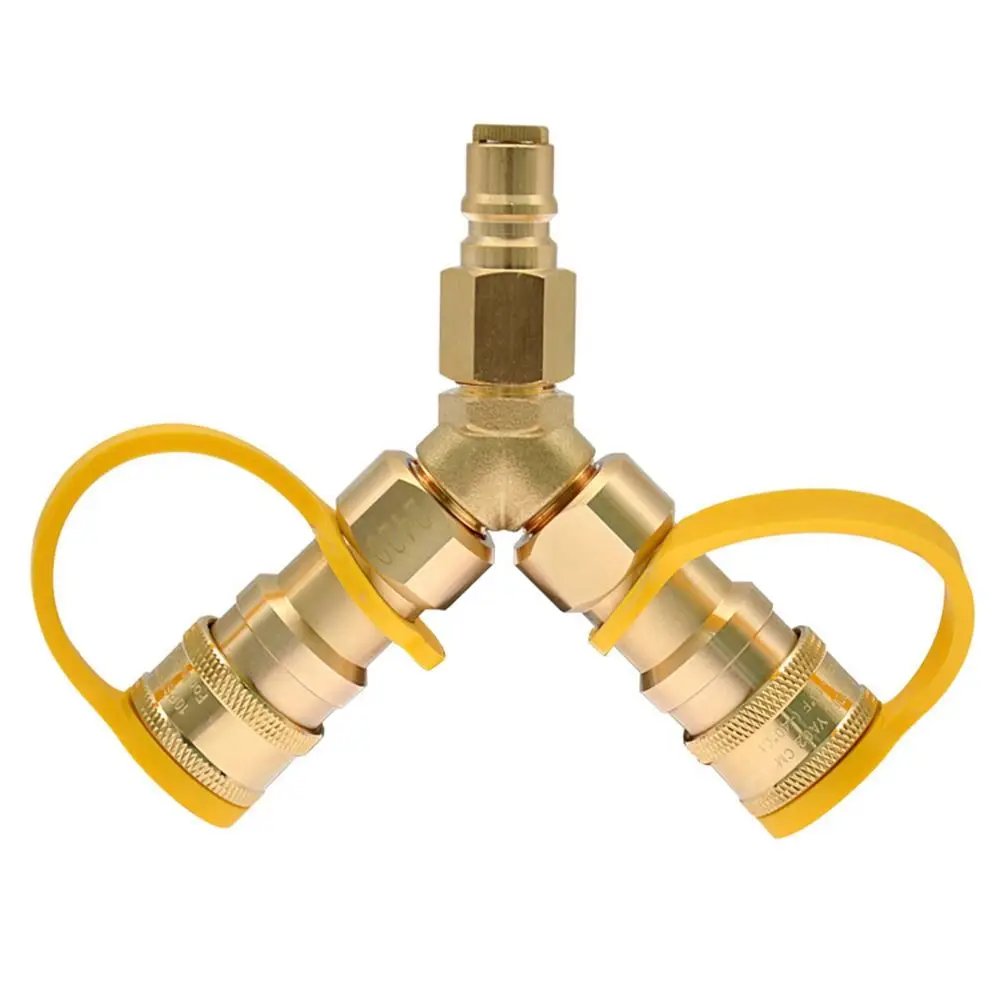 

3/8 Inch Natural Gas Y Splitter Brass Wear-resistant Y-joint Quick Gas Connector Easy Grip with Dust Cover