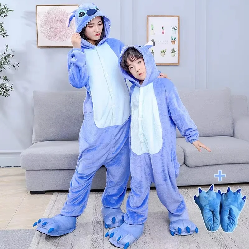 2024 New Disney Lilo & Stitch One-Piece Pajamas Adult Children Cartoon Plush Kigurumi Onesies Winter Warm Clothes Christmas Gift