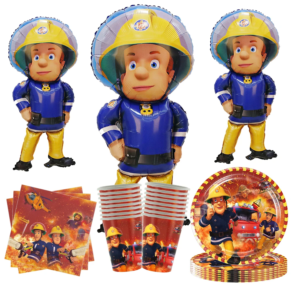 Fireman sam balloons table cover Fireman sam party plates cups napkins tablecloth Fireman sam themed birthday party decoration