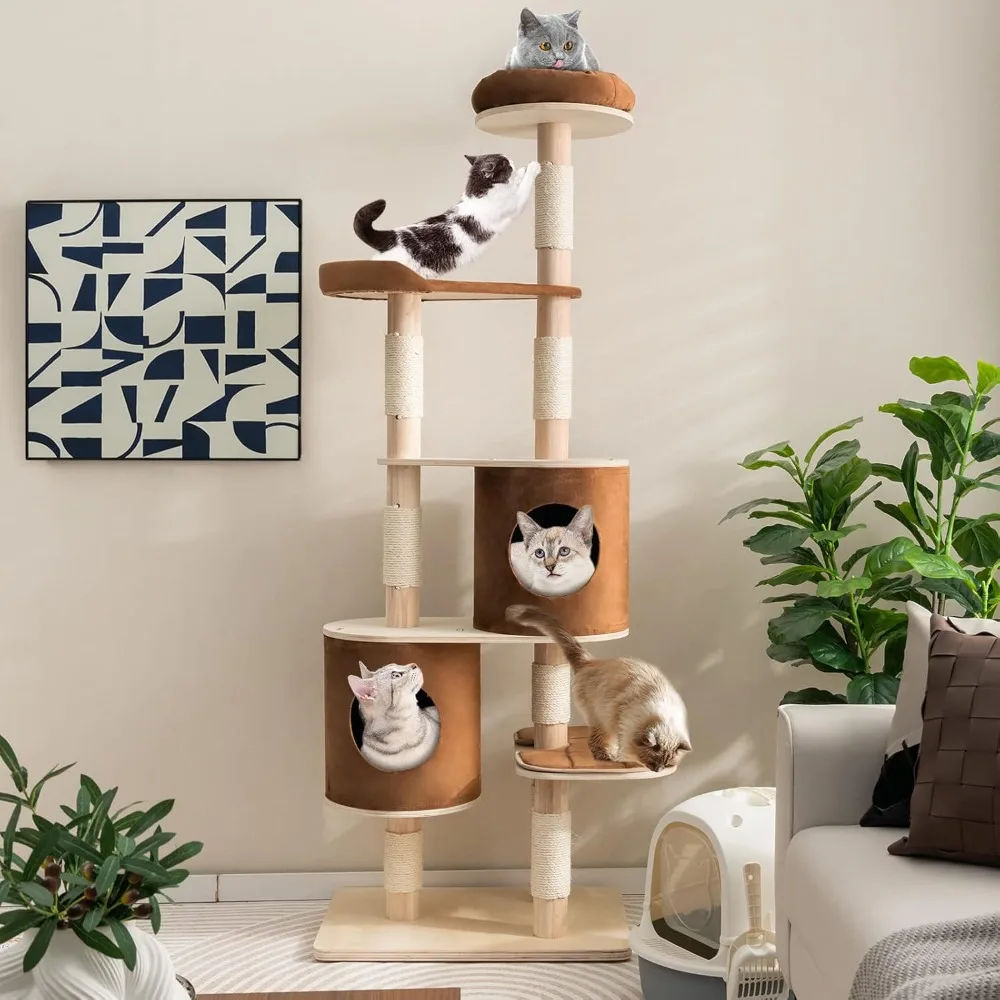 

75 Inch Tall Cat Tree for Indoor Cats, Natural Solid Rubber Wood Cat Tower with Sisal Scratching Posts, Top Perch.