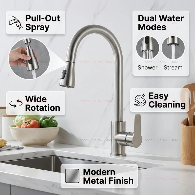 

Смеситель для ванной комнаты из нержавеющей стали с двумя режимами подачи воды, выдвижной, с поворотом на 360 градусов, для раковины с одним отверстием, модель 2026 года