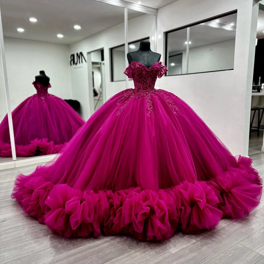 Fuchsia Tulle Evening Dresses Delicate Appliques Long Formal Prom Party Dress Ruffles Trimmed Gown