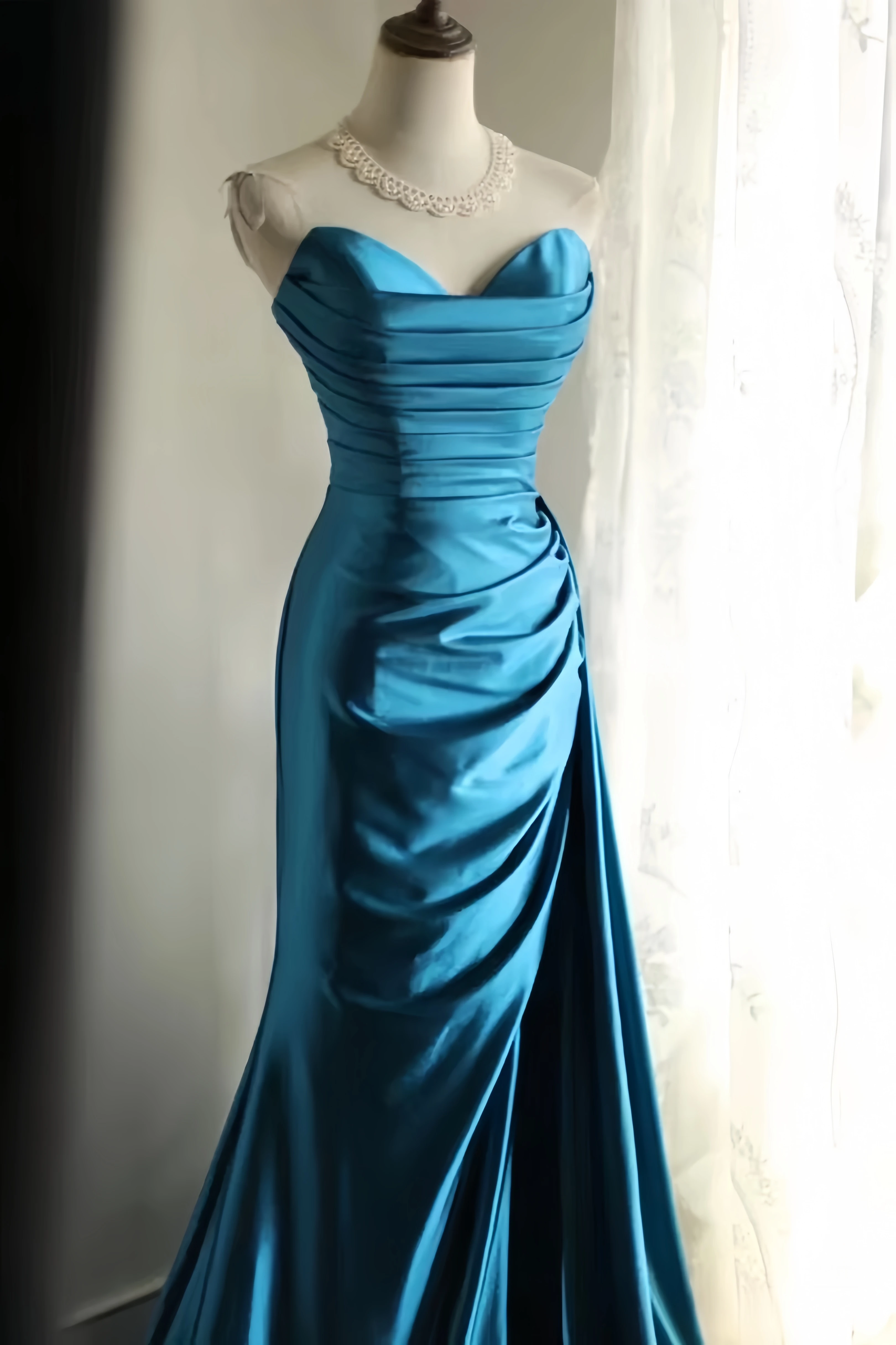 Luxo retro celebridade vestido azul fishtail ruched busto cetim noite alta fenda volta laço adequado senhora noite banquete vestido