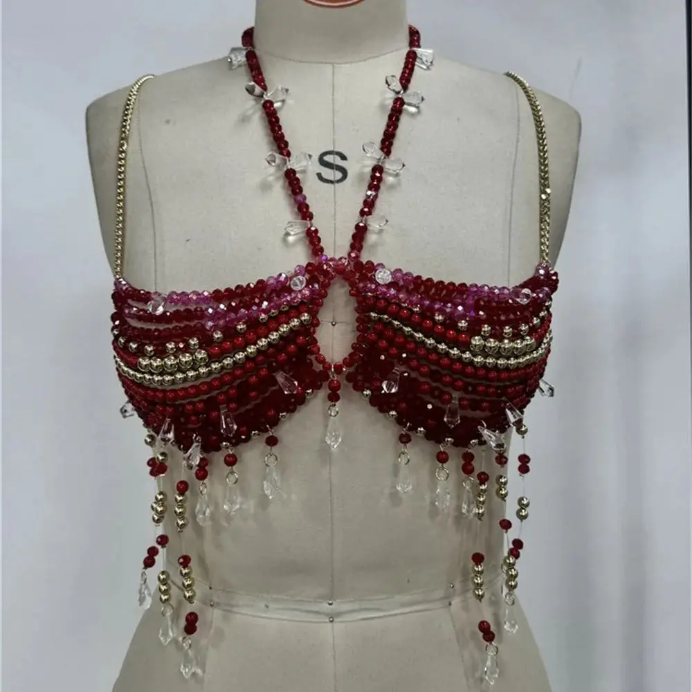 ยุโรปและอเมริกา Handmade Beaded Bra สําหรับผู้หญิง,สไตล์โบฮีเมียนปรับ Body Chain, ฤดูร้อนวันหยุด Openwork Top