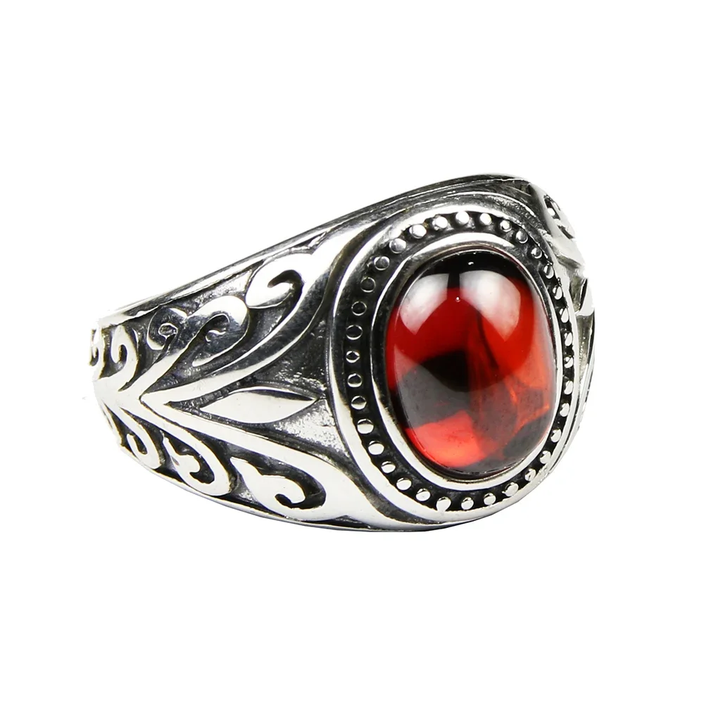 Real 925 Sterling Silver Jewelry Vintage Rings For Men Engraved Flowers With Red Garnet Natural Stone Fine Jewellery