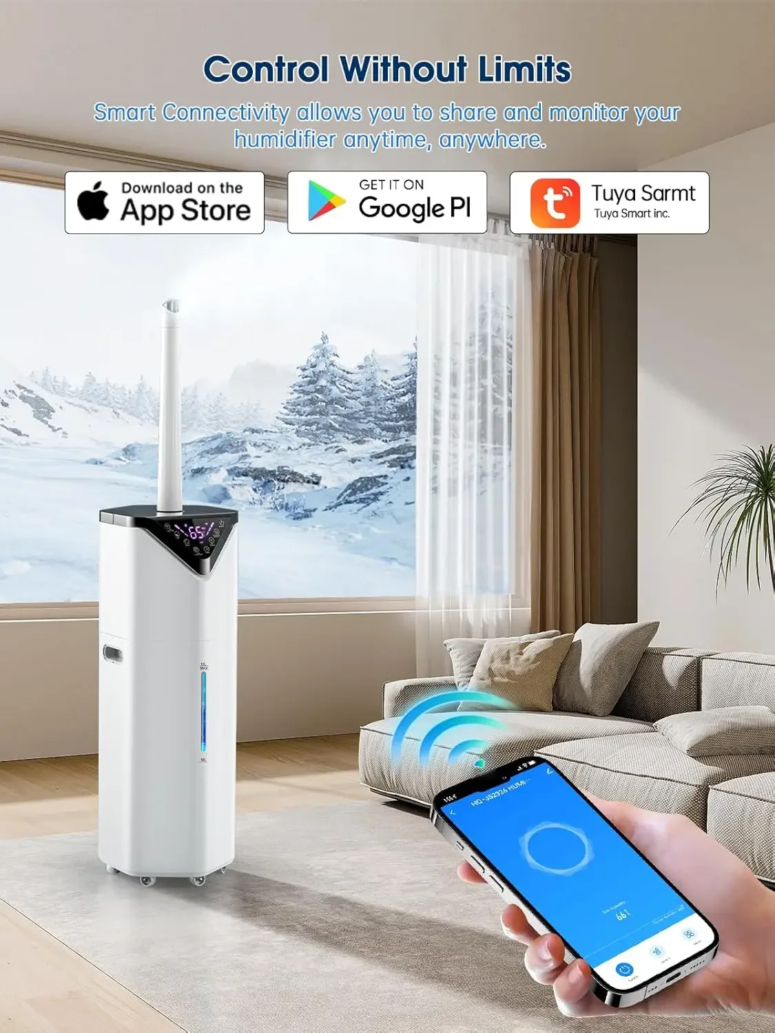 Humidifier for home Large Rooms up to 2800 ft², Wi-Fi APP and Remote Control, 5Gal 1000ml / h Mist Output Auto 180°Mist Tube Rot