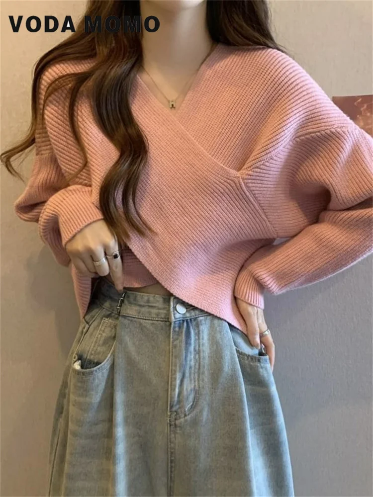 Pulls courts décontractés vintage pour femmes, pulls côtelés, monochromatique, conception coréenne, fouet, vêtements de base, mode automne et hiver