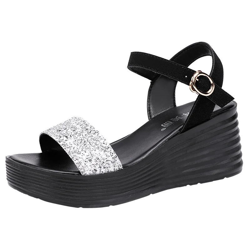 High quality summer wedge sandals for women 7cm high heel 2024 size 33 34 42 43 platform open toe elegant shoe black gold silver