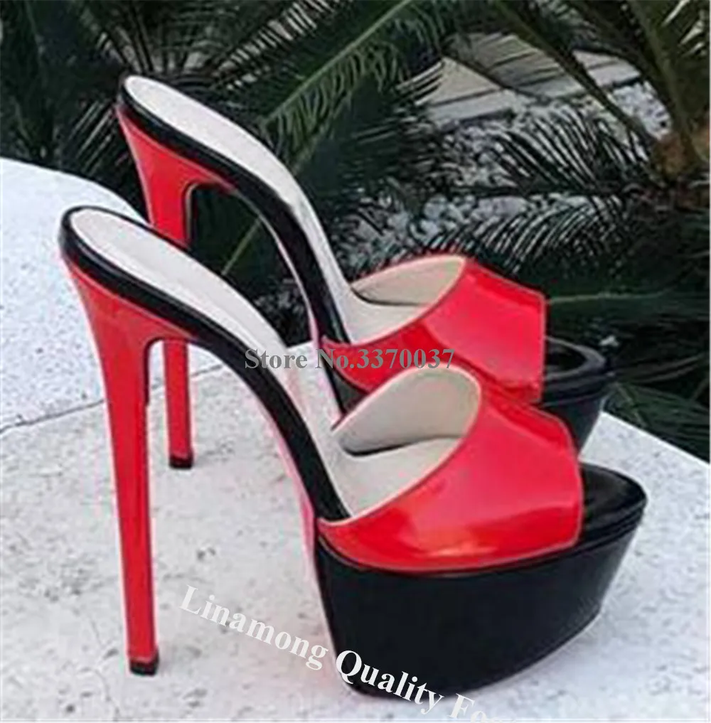 Linamong New Patchwork Stiletto Heel Slippers Peep Toe Red White Pink High Platform Thin Heel Party Heels Big Size Sandals - view 6