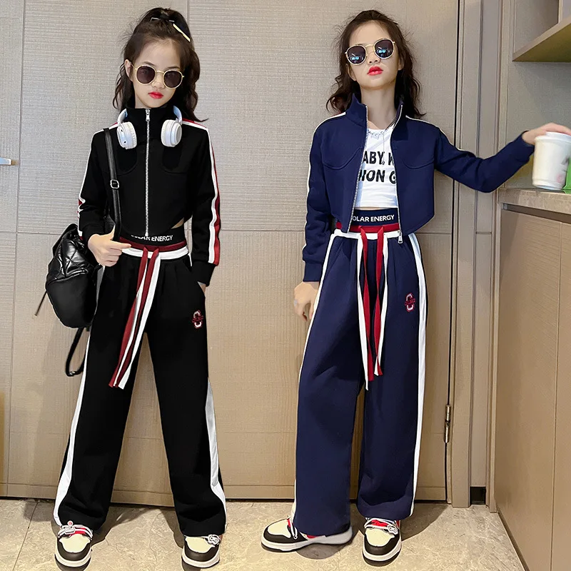 2026 Spring Autumn Girl Striped Cropped Full Zip Sweatshirt+Loose Drawstring Sweatpant Set School Kids Tracksuit Child Outfit