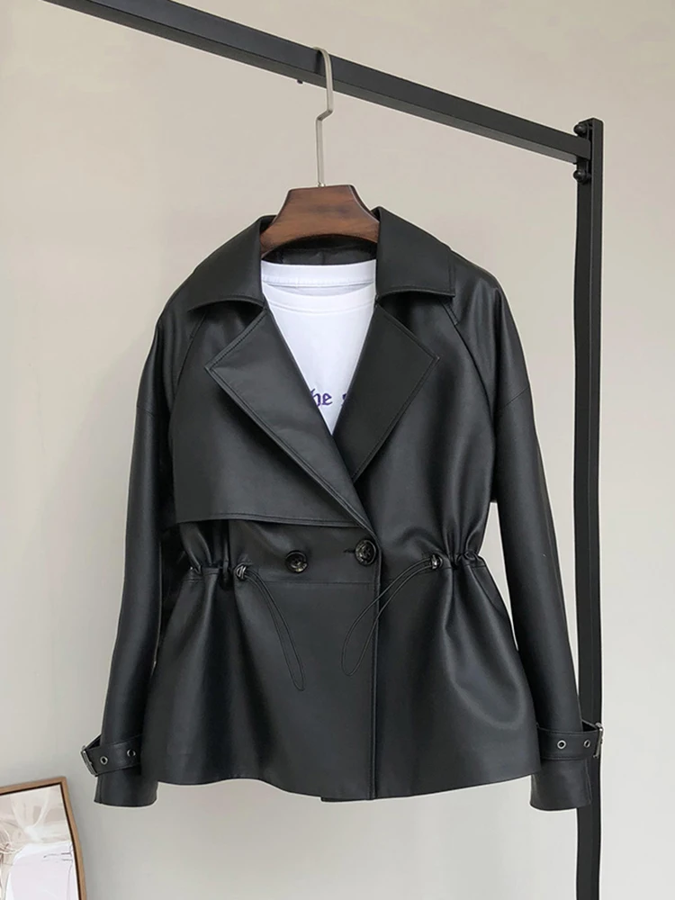 Nerazzurri Spring Black Short Soft Faux Leather Trench Coat for Women Raglan Sleeve Drawstring Lapel Double Breasted Fashion