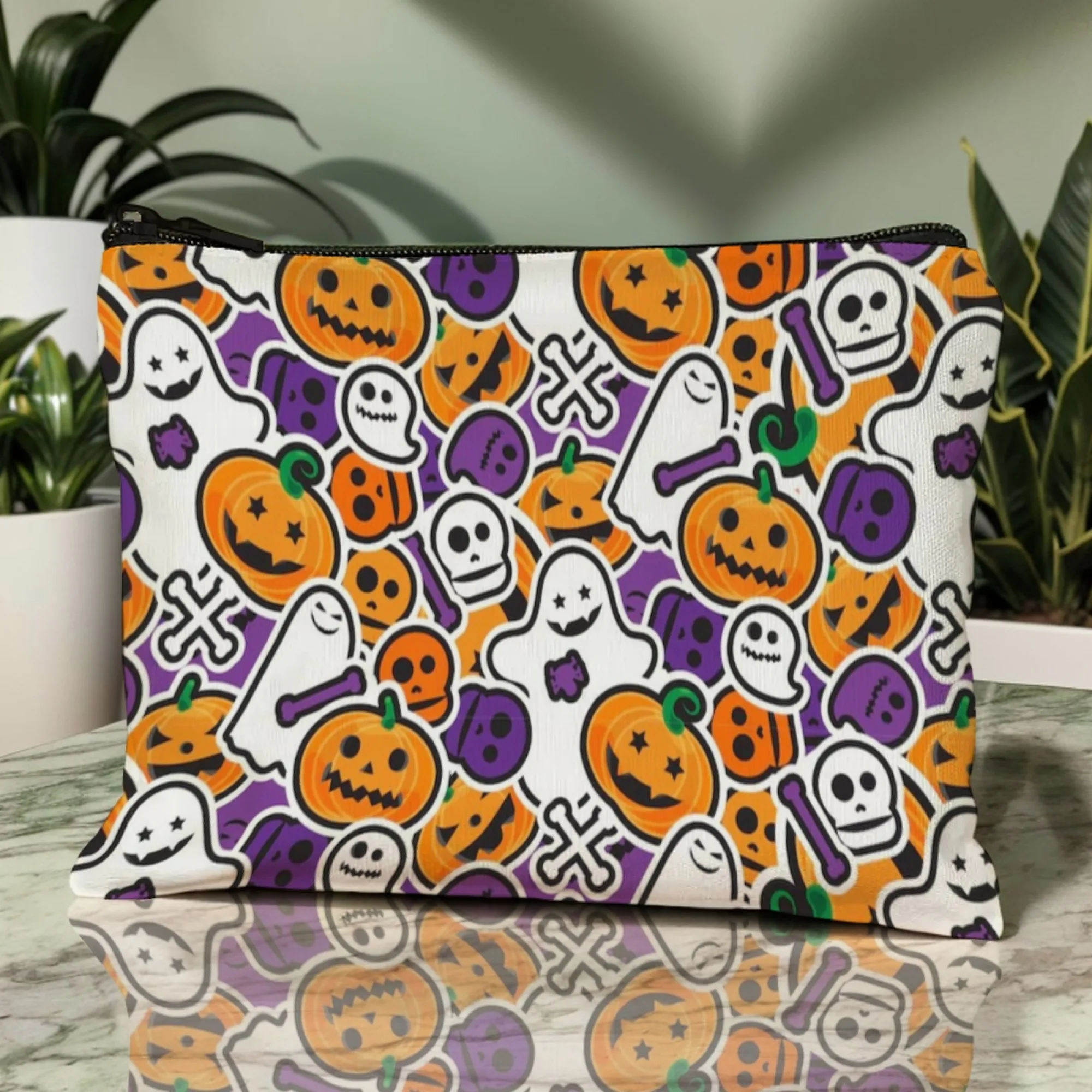 Multicolored Cartoon Halloween Cosmetic Bag Pumpkins Ghosts Skulls & Crossbones Prints Compartment for Brushes Lip Glosses