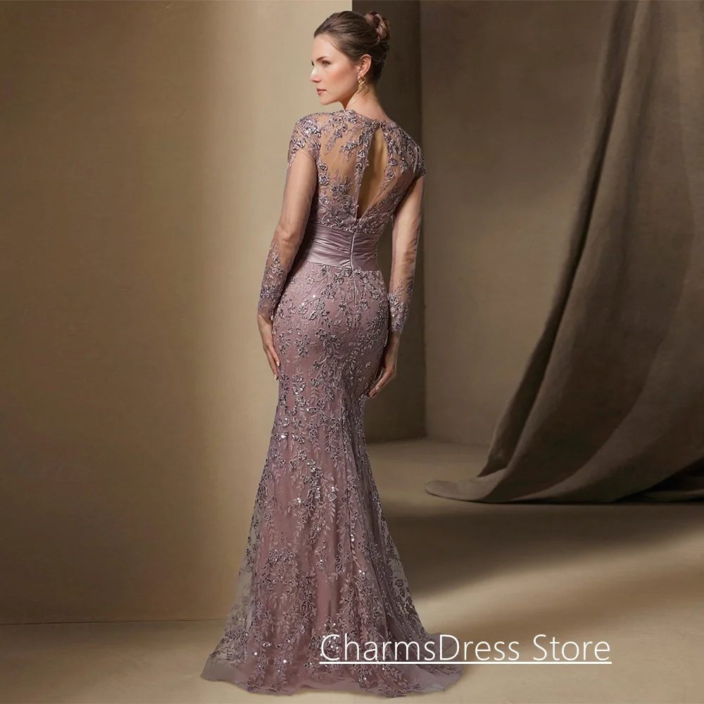 Lace Mermaid Evening Dress with Detachable Skirt Customized Round Neck Illusion Long Sleeves Sequined Applique Prom Gown