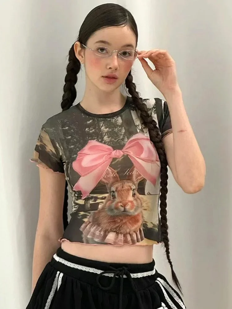 Bow Tie Rabbit Ropa De Mujer See Through Camisetas Streetwear O-neck Crop Top Women Y2k Clothes Short Sleeve Graphic T Shirts