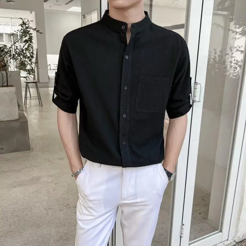 High-end Wrinkle Wave Free Ironing Fabric Thin Stand Collar Shirt Men's Short-sleeved Round Neck Shirt White 2025