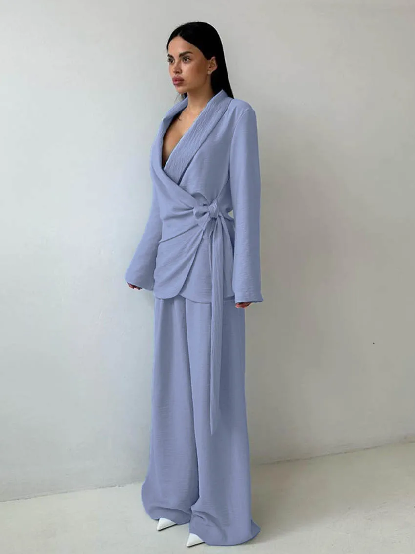 Marthaqiqi Casual Women Nightgown Set Lace Up Pajama Long Sleeve Sleepwear Sexy V-Neck Nightie Pants Loose Ladies Nightwear Suit