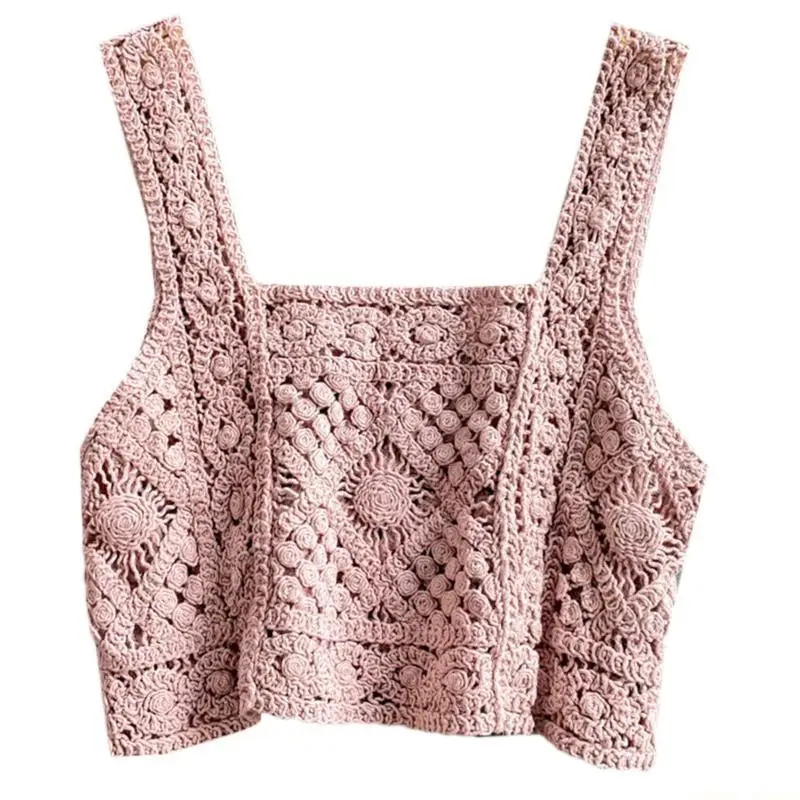 31BF Women Crochet Sleeveless Crop for Tank Top Retro Knit Plaid Square Neck Sweater