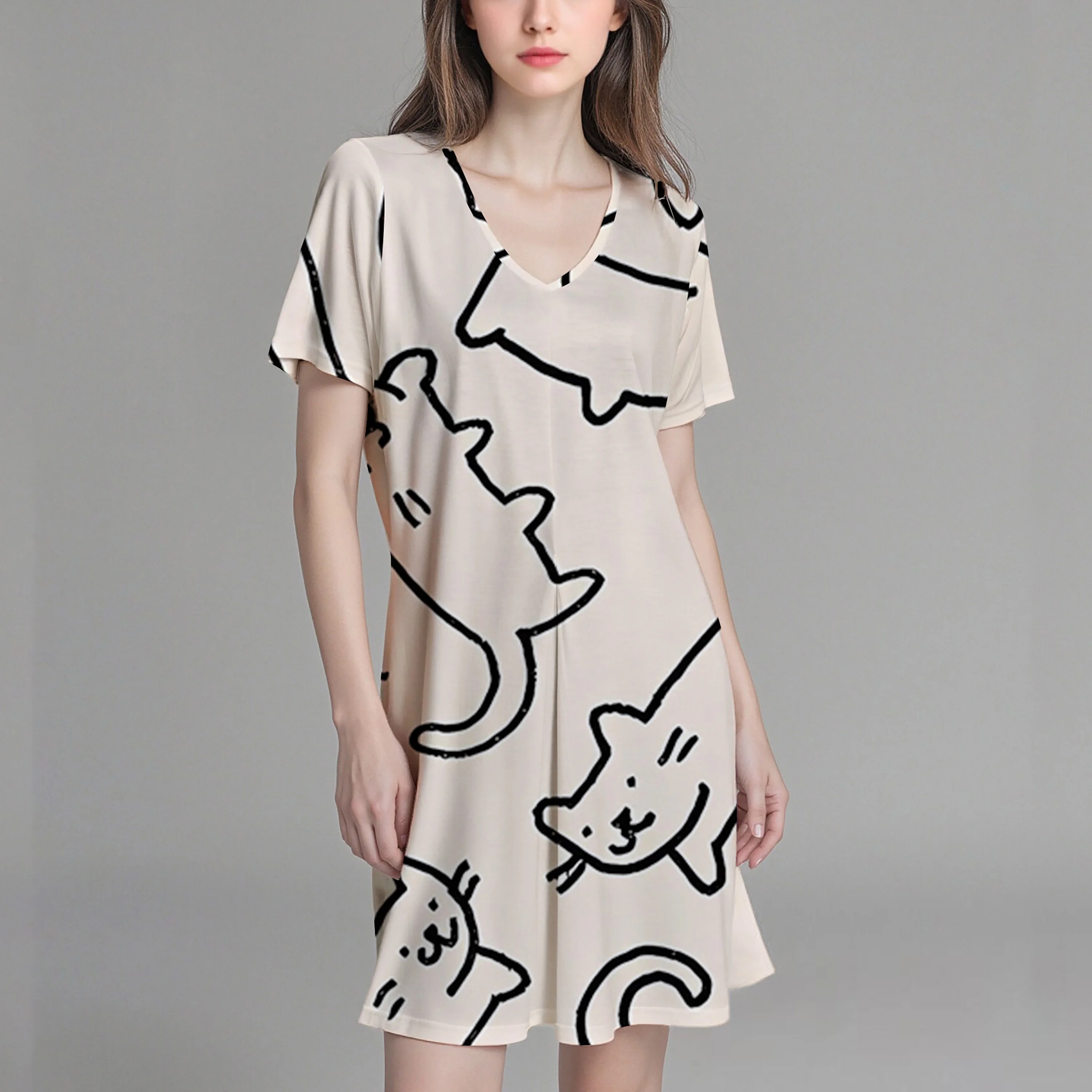 New women's dress, V-neck short-sleeved T-shirt with cartoon print, casual, fashionable, versatile and unique.