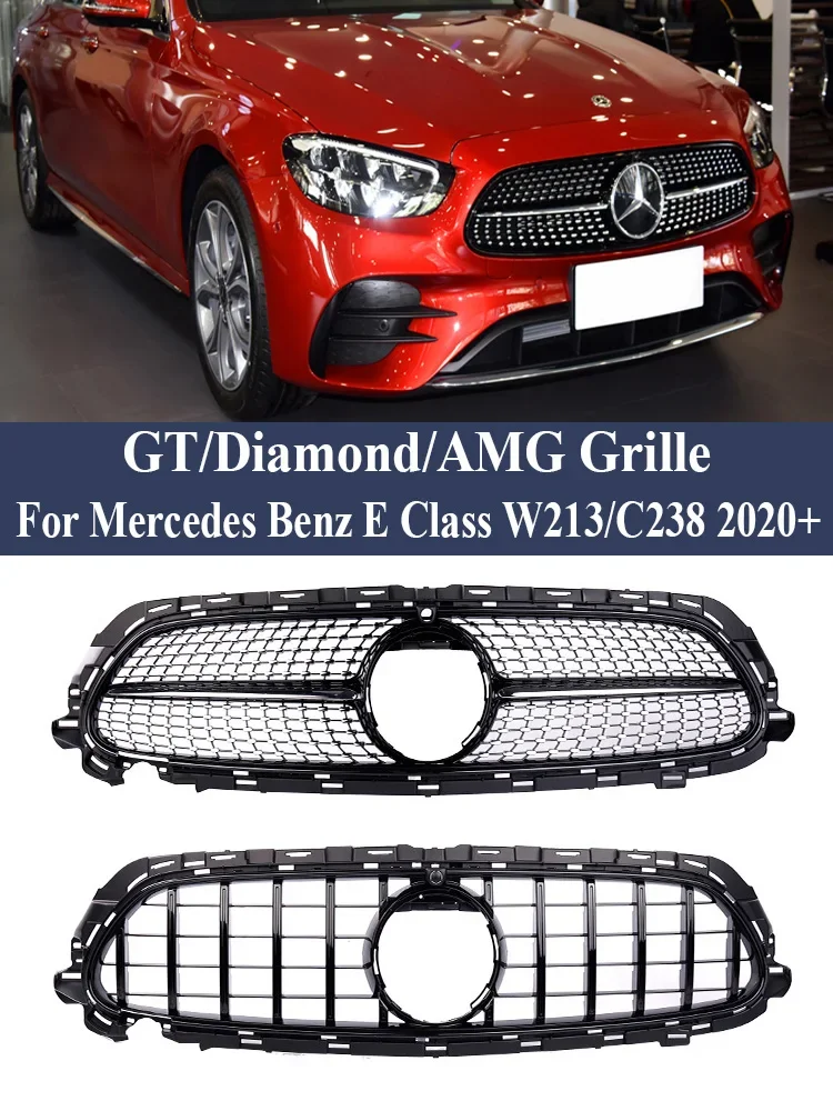 Black Silver Front Bumper Exclusive For Mercedes Benz E Class W213 Panamericana GT Diamond Grill Sport Style AMG Grille  2020+