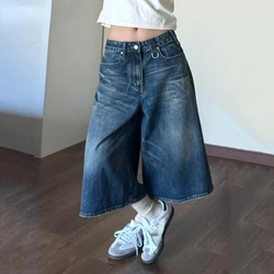 2025 Vintage Wash Whiskers Denim Shorts Women Low Rise Distressed Frayed Wide Leg Baggy Jeans Jorts Casual Summer Clothes