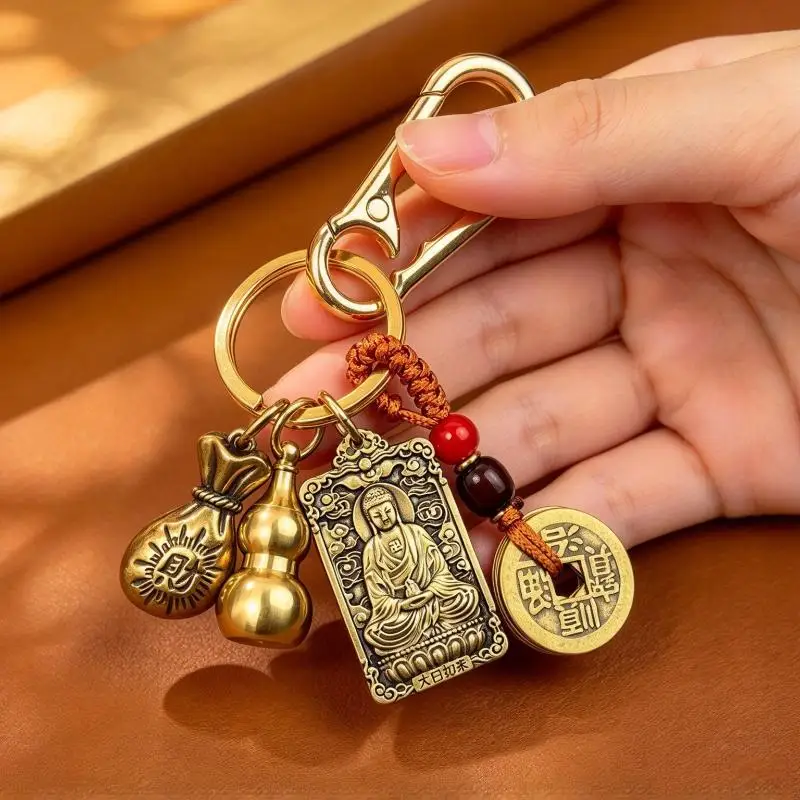 Retro-Messing-Schlüsselanhänger „Jahr des Drachen“ mit Glücksmünze, Samantabhadra-Bodhisattva und Kürbis-Anhänger für Rucksack, Autoschlüssel und Dekoration – Detail 1
