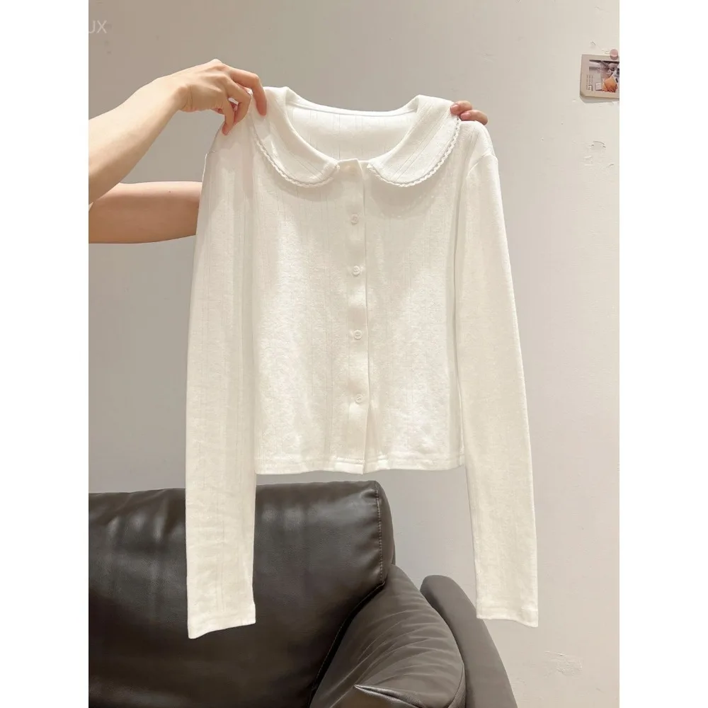 Peter Pan Collar Women's Blouses Long Sleeve Shirts Knitted Bottomed Blusas Single Breasted Ropa Mujer Teenage Girls Tops