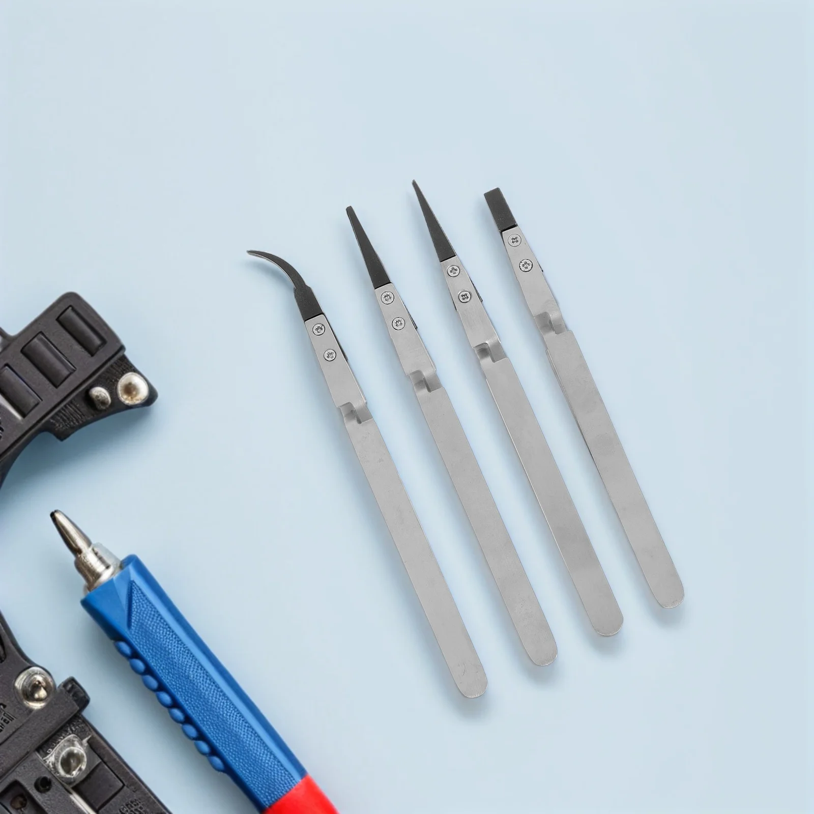 

4pcs Tweezers Durable Stainless Steel Interchangeable Heads Electronics Jewelry Soldering Repair Tools Hand
