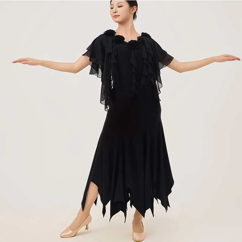 2025 大人モダンダンスパフォーマンス服メッシュフラワートップ女性のためのワルツタンゴラテン社交ダンス衣装着用 DN22393