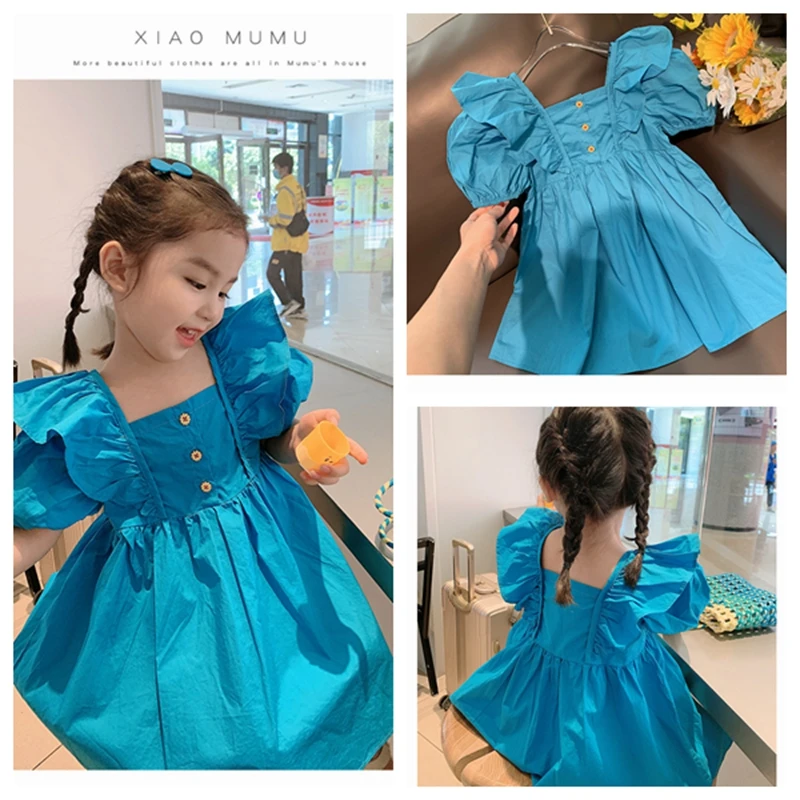 

Корейская синяя плиссированная юбка с пышными рукавами, костюм для маленьких девочек, летний детский милый костюм принцессы, милый модный наряд для фотосессии для малышей