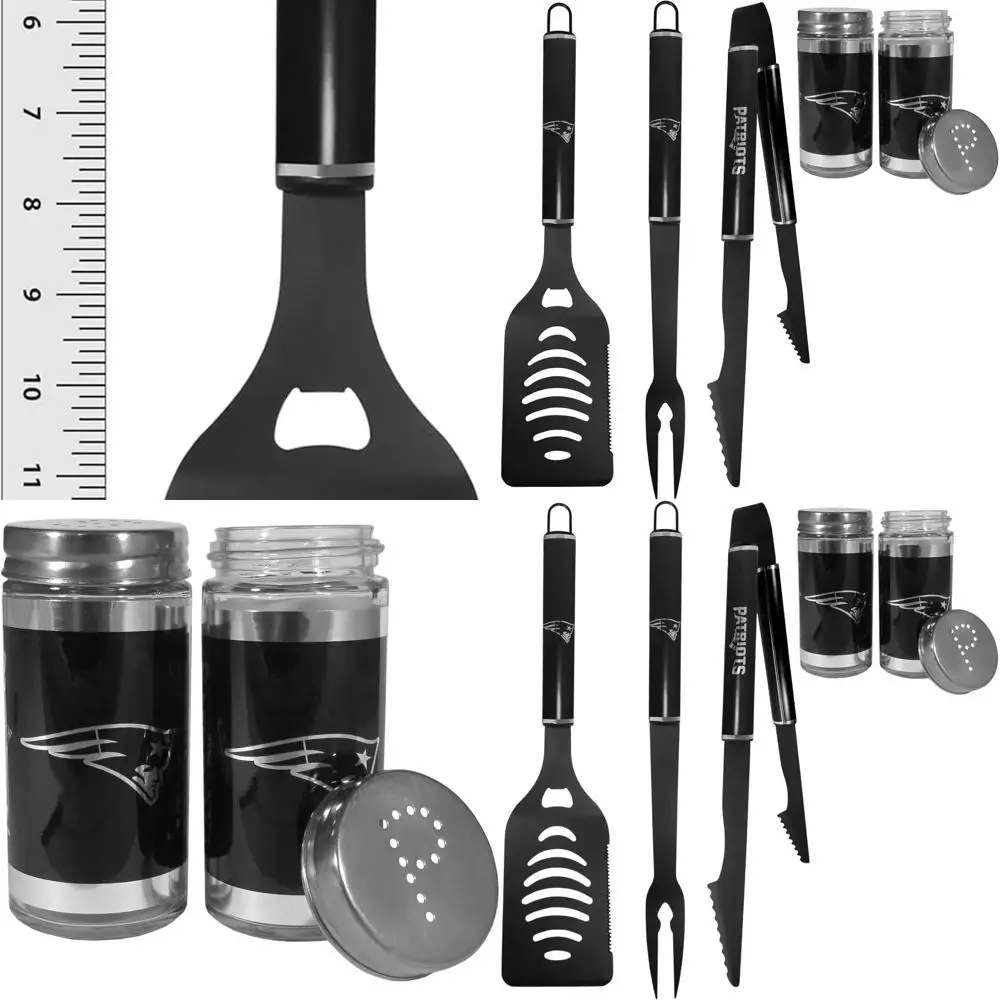 

New England Patriots 3-Piece Black BBQ Tool Set with Shakers