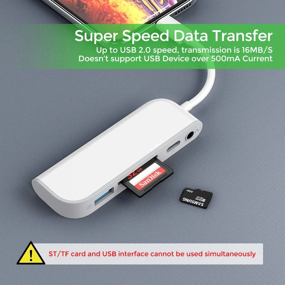 SD TF Card Reader USB to Lightening Adapter 5 in 1 Card Reader Adapter with 1*USB 2.0 OTG Interface SD/TF Card Reader 1* PD