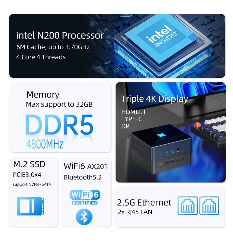 Imagem -05 - Mini pc Intel N200 Ddr5 4800mhz Ssd M.2 Nvme Win11 Linux Wifi6 Bluetooth 5.2 4k 8k 60hz Tipo-c Hdmi dp Usb 3.2 Lan 2.5g