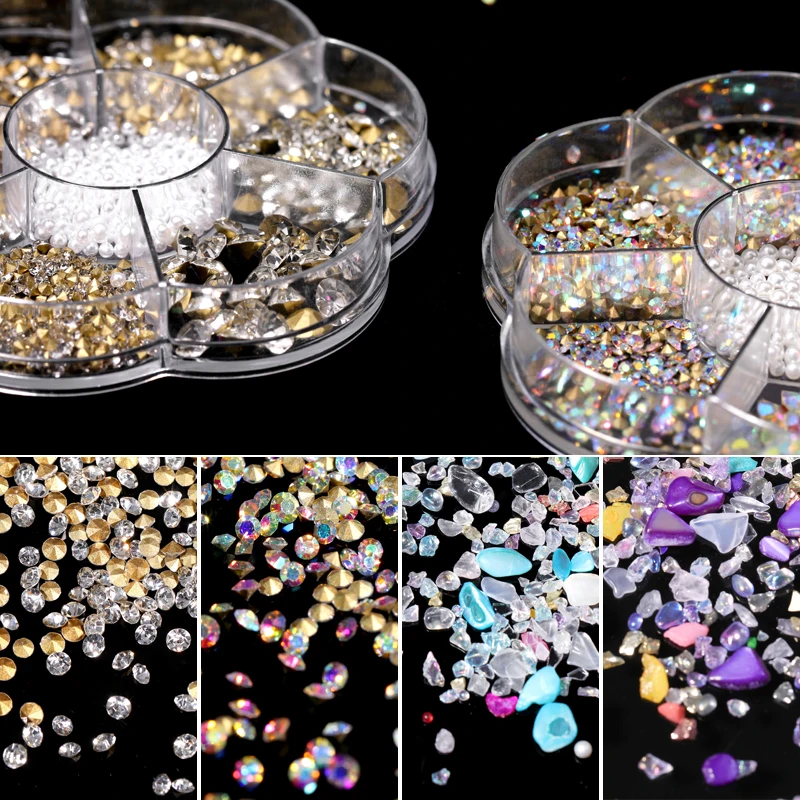 1กล่องขนาด Glitter เล็บ Rhinestones แบน3D คริสตัล AB สีอัญมณีไม่สม่ำเสมอเครื่องประดับลูกปัดตกแต่งเล็บ