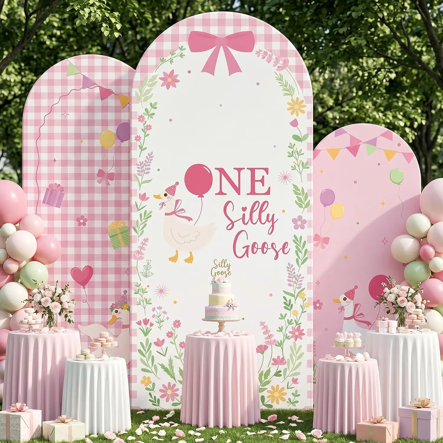 One Silly Goose Chiara Arch Backdrop Covers Pink Girl 1st Birthday Party Banner Background Flowers Lattice Photo Booth Props