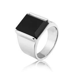Punk Rock Stainless Steel Square Stone Finger Rings Men Signet Ring for Men Jewelry Size 7-12