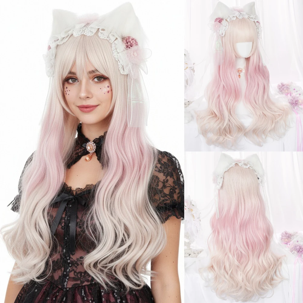 

Длинный волнистый синтетический парик Лолиты с челкой, высокотемпературный шелковый парик с полным покрытием головы для повседневной вечеринки, косплей