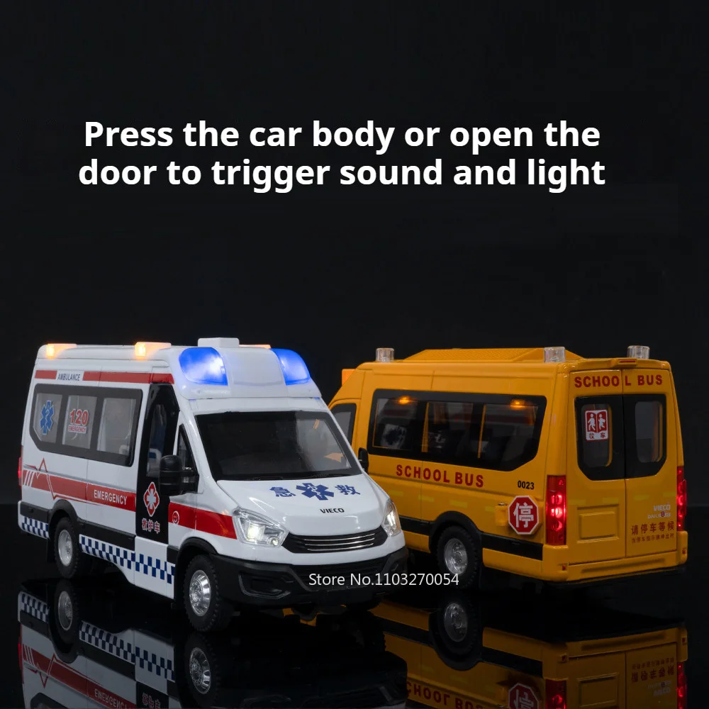 1:24 School Bus Ambulance Miniature Toys Diecast Alloy Models Car Four Wheel Suspension Sound Light Pull Back Vehices Boys Gifts