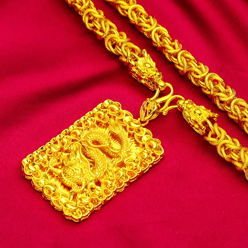 Ciondolo drago da uomo audace (24K AU999) - Testa di drago in rilievo 3D, catena opaca, negoziazione aziendale, leadership maestosa