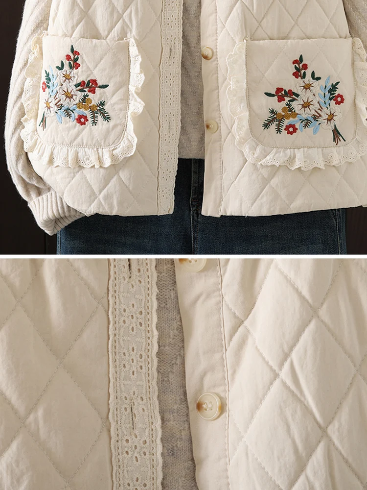 Chic Vintage Flower Embroidered Women Waistcoat 2024 New Autumn Winter Casual Loose Sleeveless Jackets Thick Warm Quilted Vest