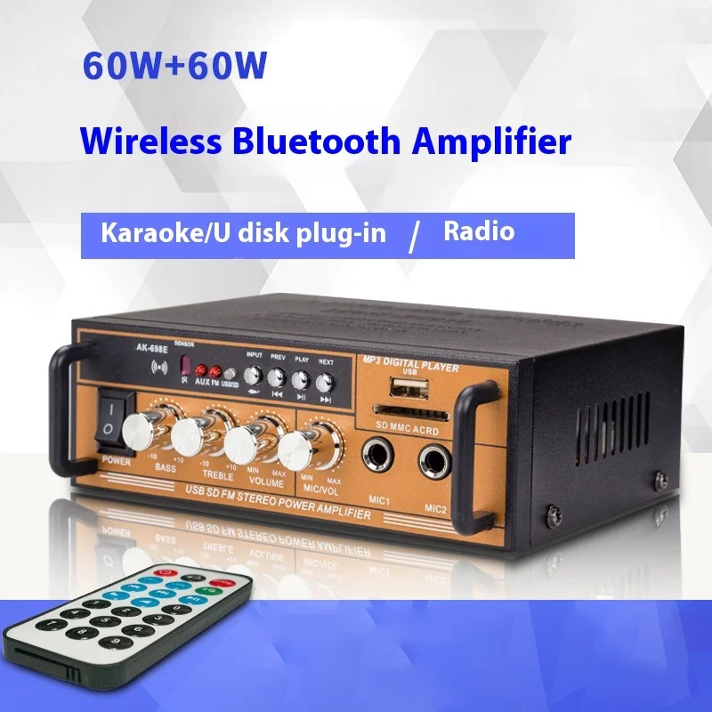 

AK-698E 220V High Power Mini Mini Bluetooth Hifi Power Amplifier Home Lossless 12V Card U Disk Radio Air Playback Machine