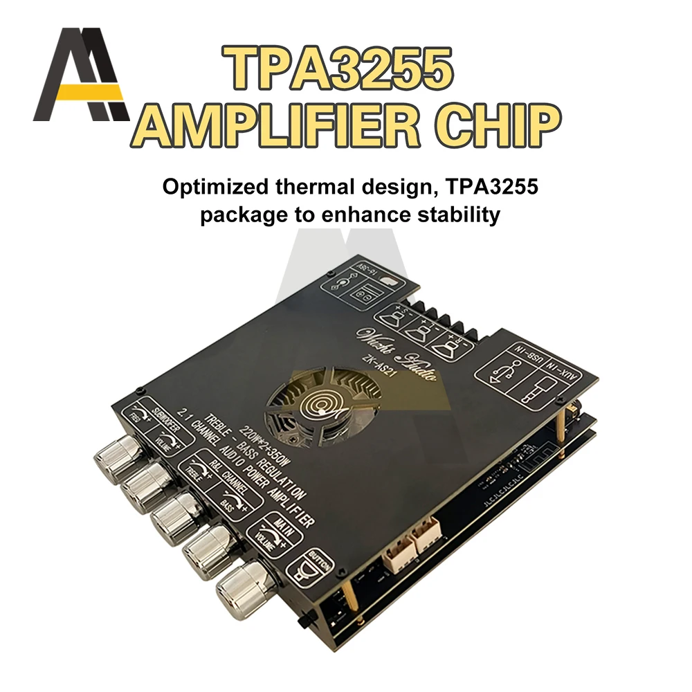 ZK-AS21 2.1 قناة TPA3255 220WX2 + 350W بلوتوث وحدة مكبر كهربائي رقمي مضخم صوت عالي ومنخفض النغمة