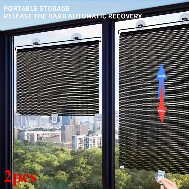 2pcs No-Drill Sun Shade Curtain, Free-Adjustable Roll-Up with Suction Cups, Easy Installation for Home and Car Windows