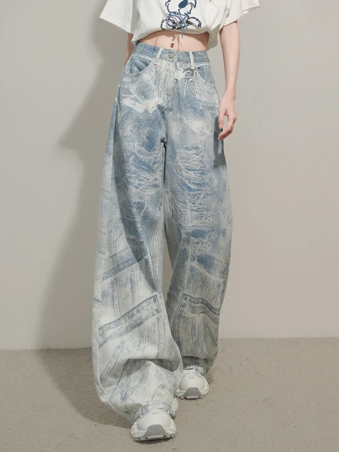

High Street Wash Printed Wide Leg Jeans Women Spring Summer New Straight-Piece Slimming Loose Long Floor Pants