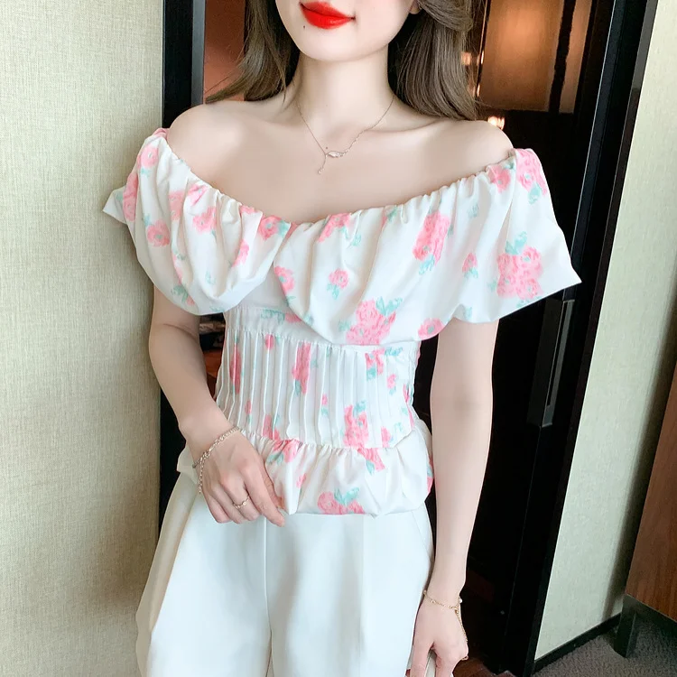 2025 été nouveau Style Sexy une épaule vacances Style à volants Floral à manches courtes taille petit haut pour les femmes