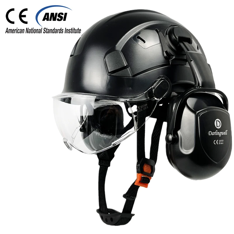 CE Construction Safety Helmet With Visor Goggles For Engineer With Earmuff Work Cap ABS Hard Hat ANSI Industrial Head Protection
